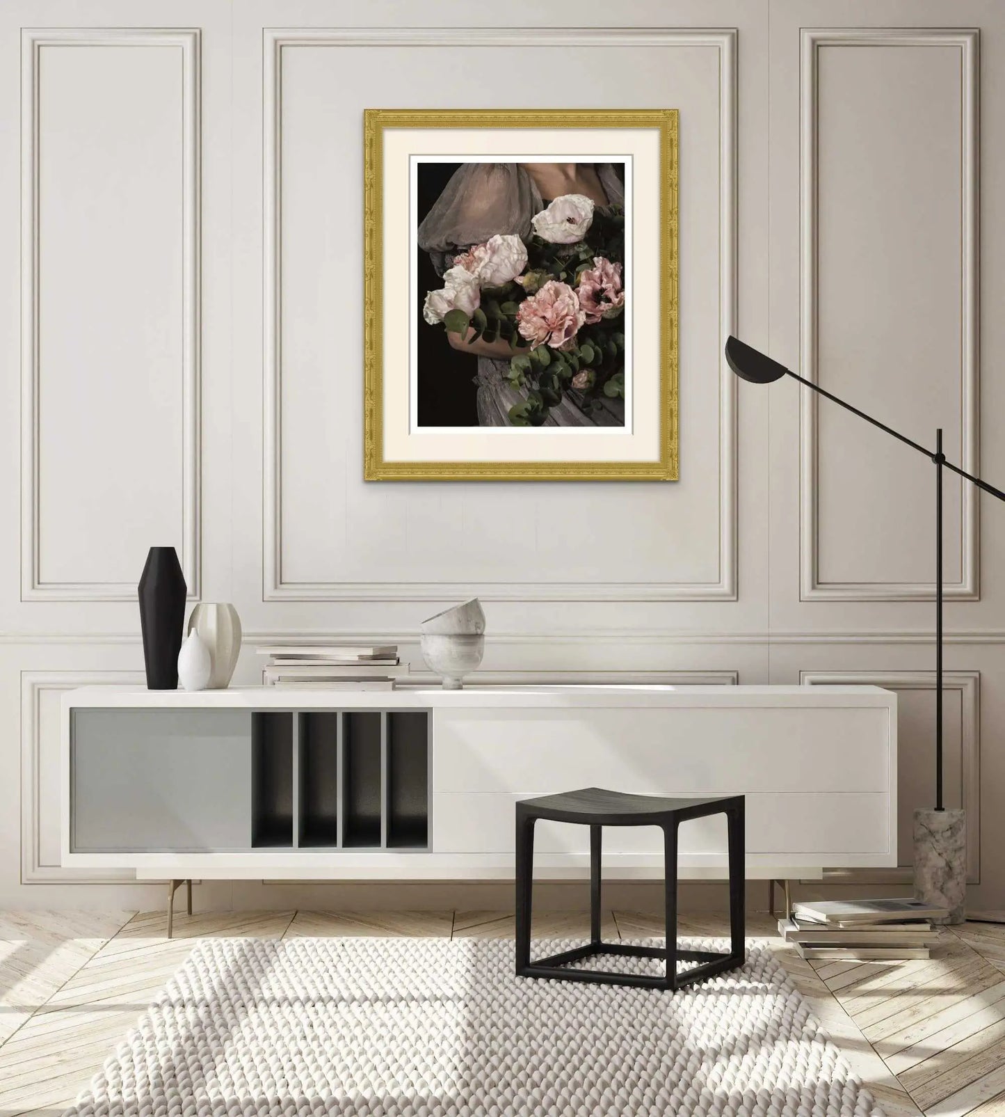 Baroque Floral Portrait, Feminine Art Print with Peony Flower Rachel Vogeleisen