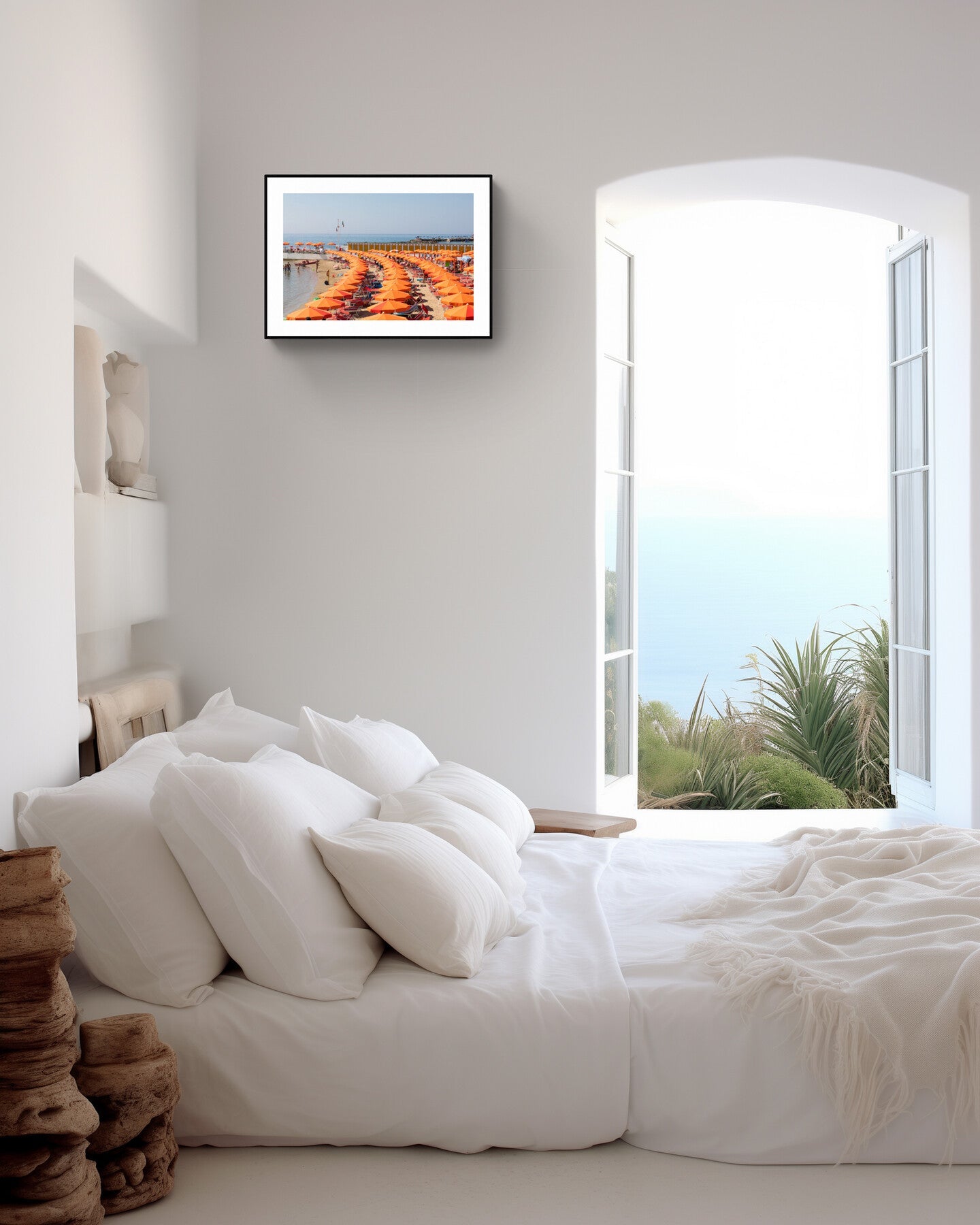 San Remo Beach Italy - Orange Umbrellas, Giclée Print, Eco-Friendly Wall Art 24x16 inches