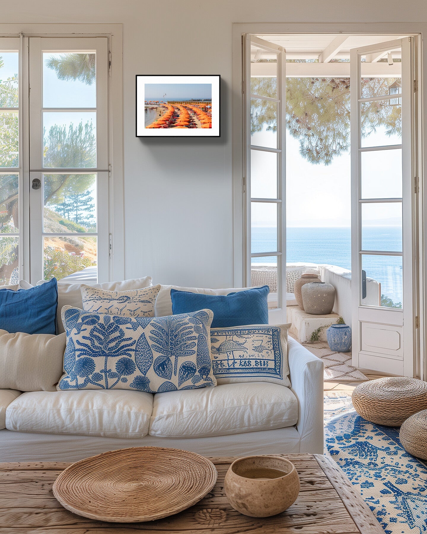 San Remo Beach Italy - Orange Umbrellas, Giclée Print, Eco-Friendly Wall Art 12x18 inches