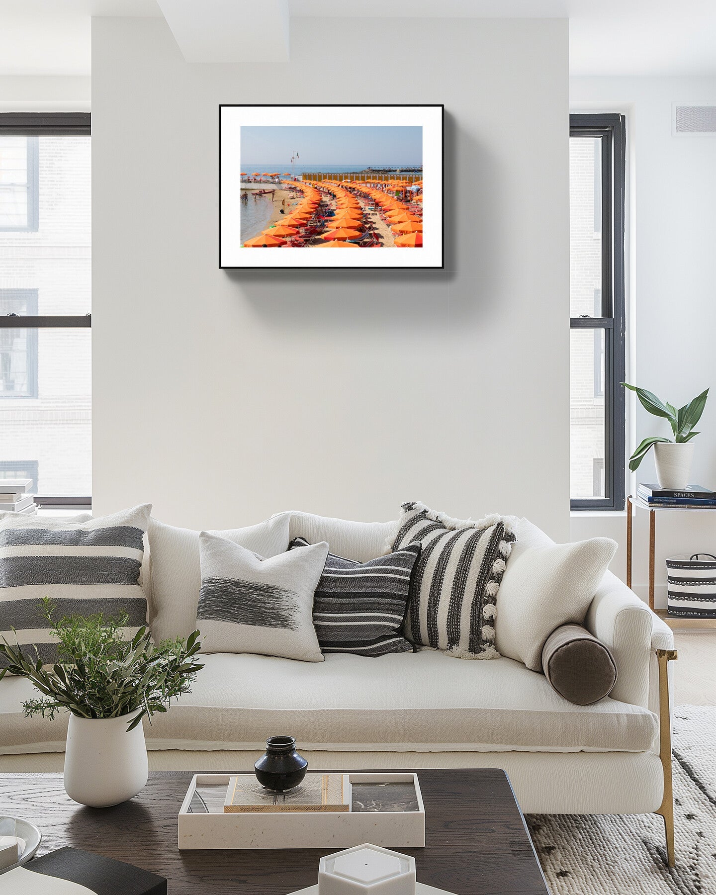 San Remo Beach Italy - Orange Umbrellas, Giclée Print, Eco-Friendly Wall Art  20x30 inches