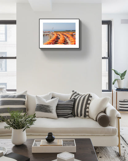 San Remo Beach Italy - Orange Umbrellas, Giclée Print, Eco-Friendly Wall Art  20x30 inches