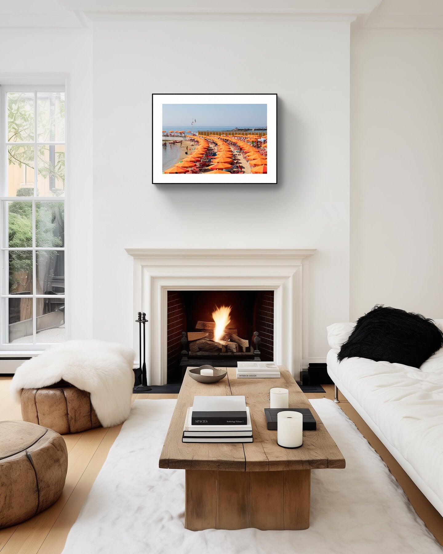 San Remo Beach Italy - Orange Umbrellas, Giclée Print, Eco-Friendly Wall Art  36x24 inches
