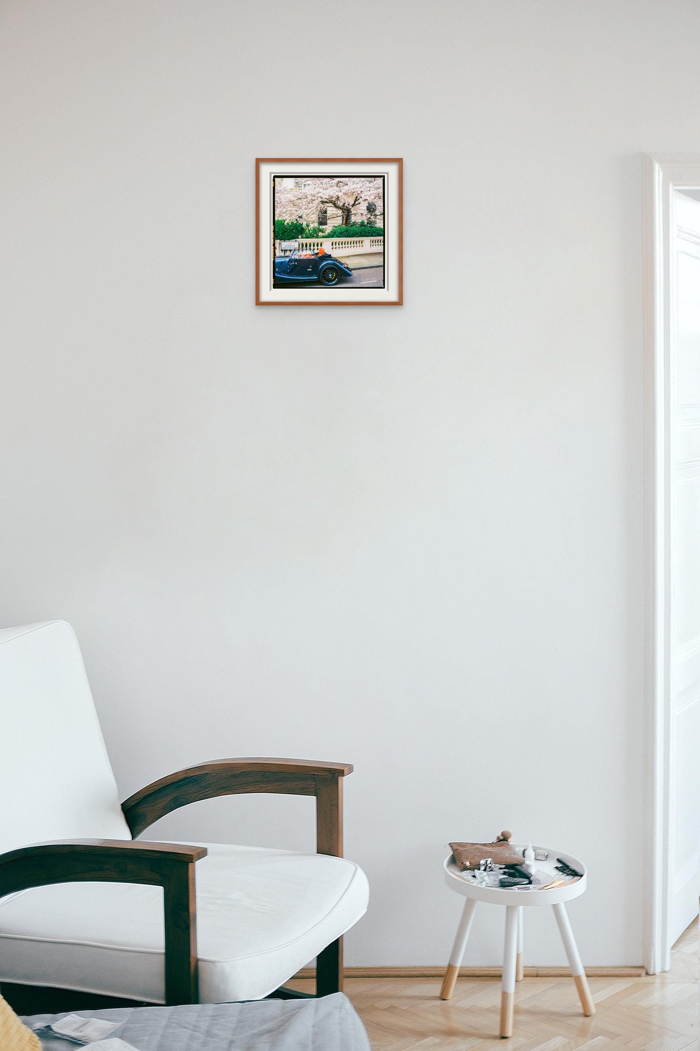 London Wall Art, Springtime Art Print with Classic Car, Cherry Blossom Photograph
