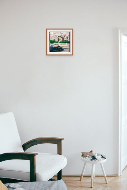 London Wall Art, Springtime Art Print with Classic Car, Cherry Blossom Photograph