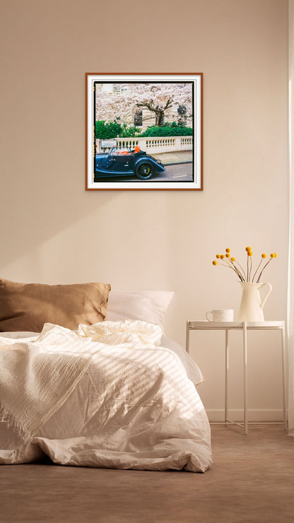 London Wall Art, Springtime Art Print with Classic Car, Cherry Blossom Photograph