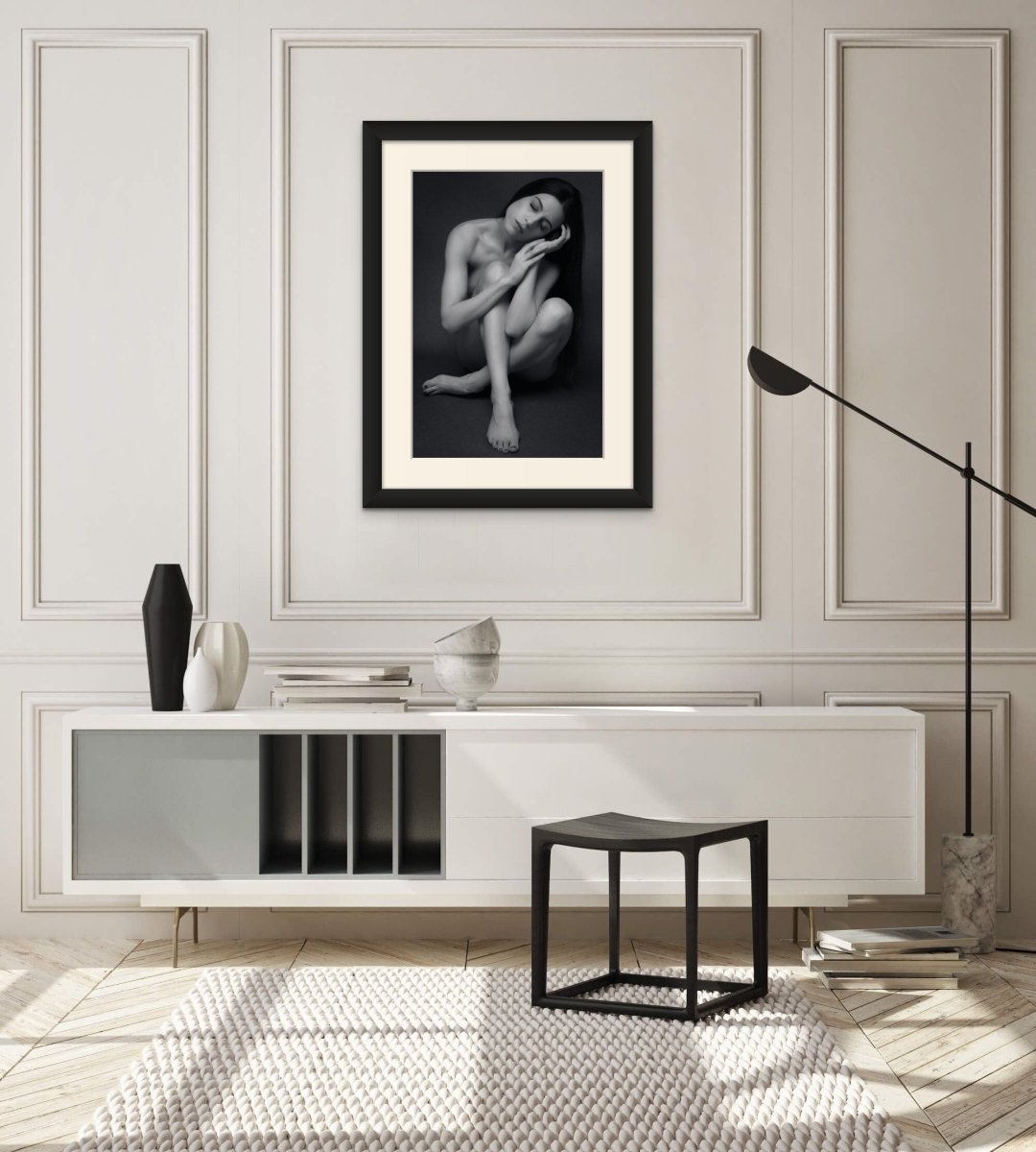 Elegant female nude art print, Fine art nude photography prints, Feminine nude wall art" of a woman sitting on the floor, Sophisticated nude art Rachel Vogeleisen Prints