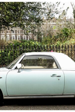 Nissan Figaro in London Print: Vintage Car Wall Art | Eco-Friendly Classic Car Print
