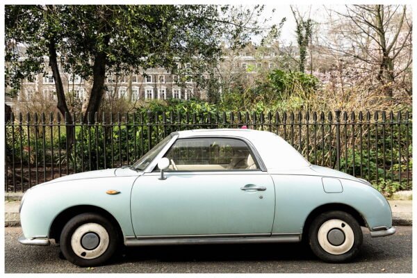 Nissan Figaro in London Print: Vintage Car Wall Art | Eco-Friendly Classic Car Print