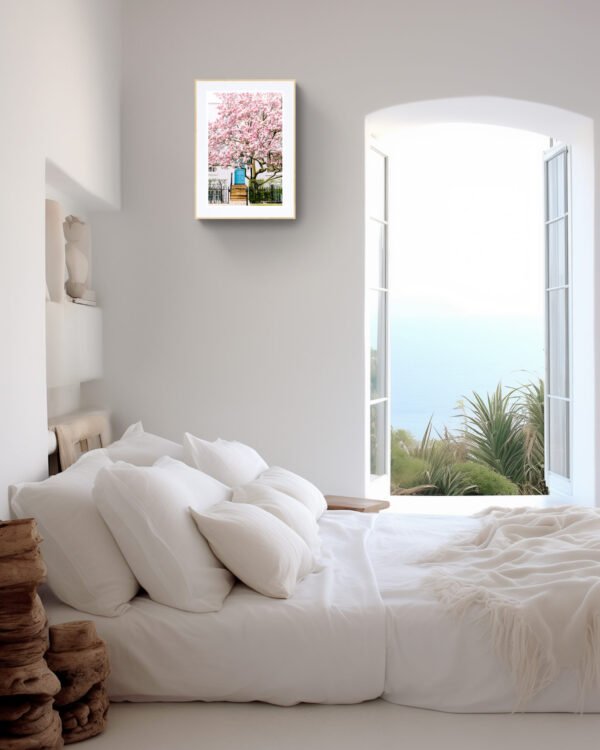 London street scene wall art with blossoms, London Magnolia blossom tree wall art, Pink blossoms wall art for home, - Image 4