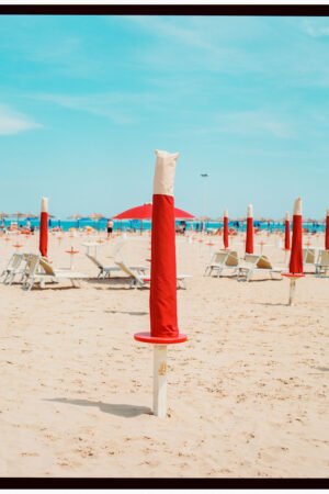 Red Sun Umbrellas wall Art, Rimini Beach Italy, available Framed and Unframed