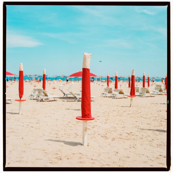 Red Sun Umbrellas wall Art, Rimini Beach Italy, available Framed and Unframed