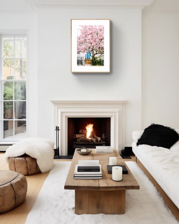 London street scene wall art with blossoms, London Magnolia blossom tree wall art, Pink blossoms wall art for home, - Image 2