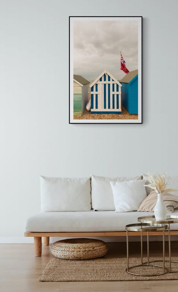 British Seaside, Blue and White Stripes Beach Hut Print - Image 2