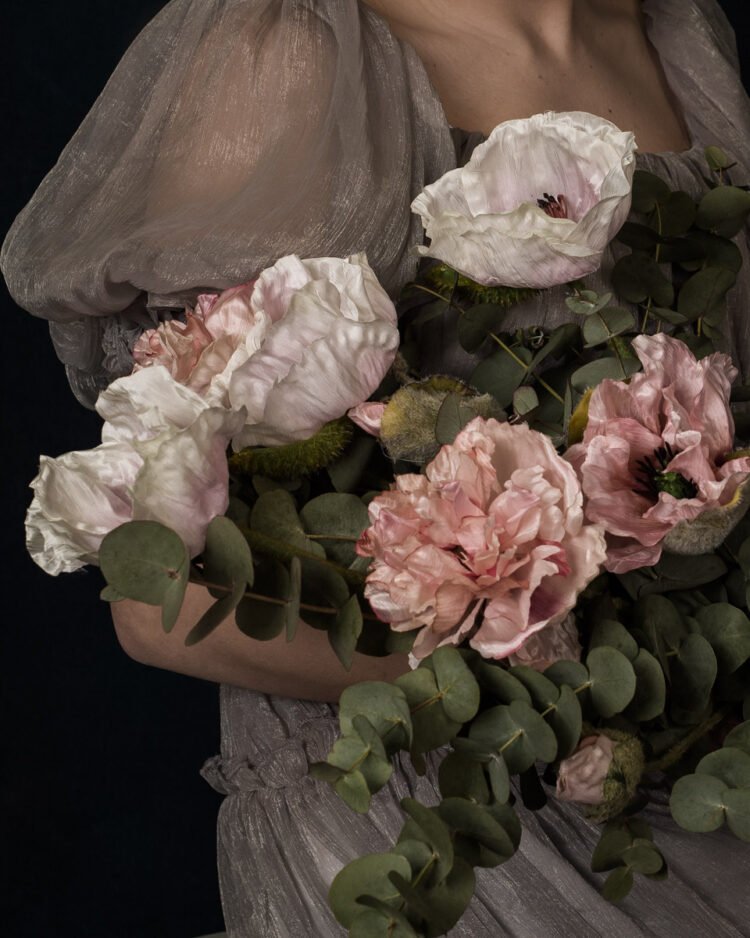 Baroque Floral Portrait, Feminine Art Print with Peony Flower