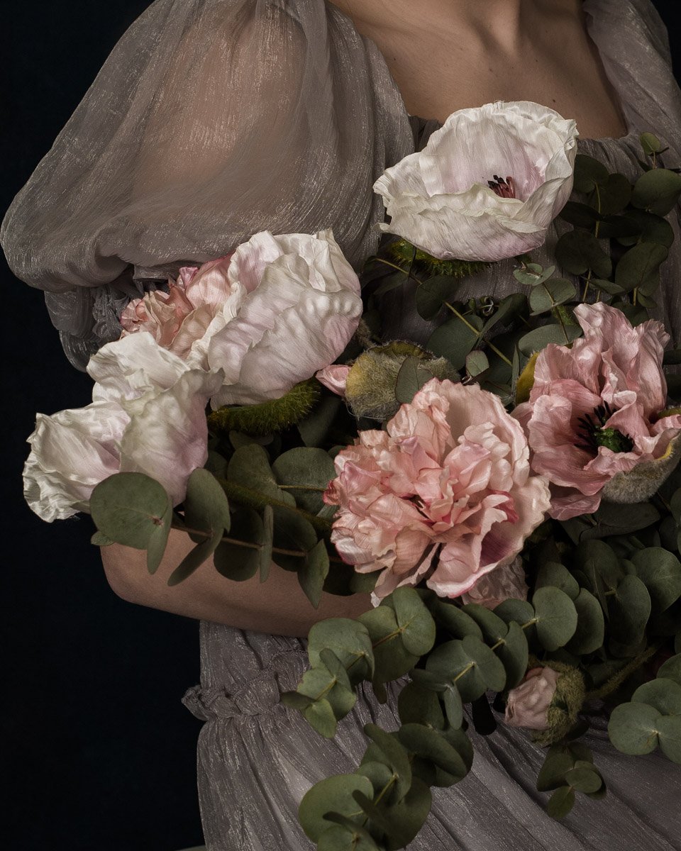 Baroque Floral Portrait, Feminine Art Print with Peony Flower