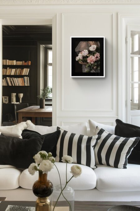 This abstract Baroque floral portrait showcases the timeless beauty of a young woman delicately holding a bouquet. This art piece captures the essence of femininity and grace with its intricate details and subdued colours.