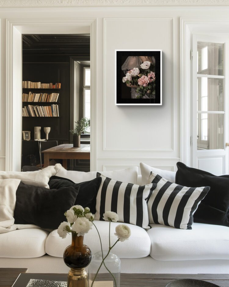 This abstract Baroque floral portrait showcases the timeless beauty of a young woman delicately holding a bouquet. This art piece captures the essence of femininity and grace with its intricate details and subdued colours.