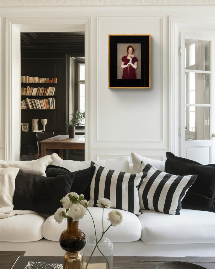 A young woman from the Regency era holds a peony art print.