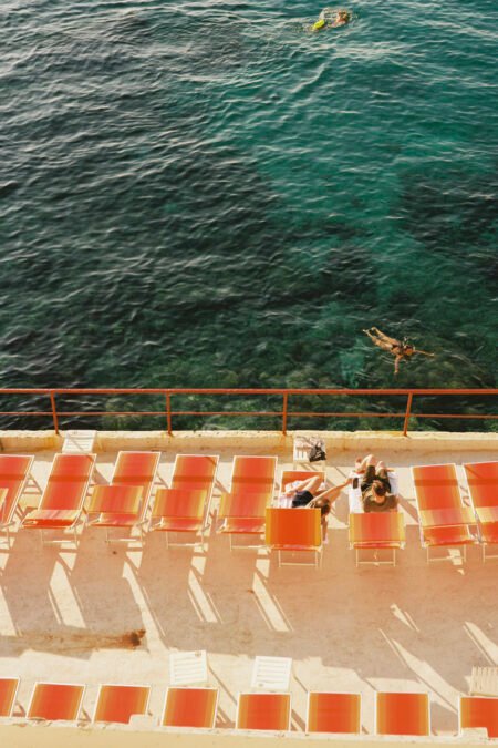 Coastal Wall Art Print - Marseille Orange Deck Chair - Square Mediterranean Decor 20x20 inches