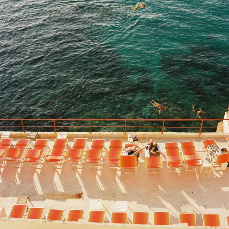 Coastal Wall Art Print - Marseille Orange Deck Chair - Square Mediterranean Decor 20x20 inches