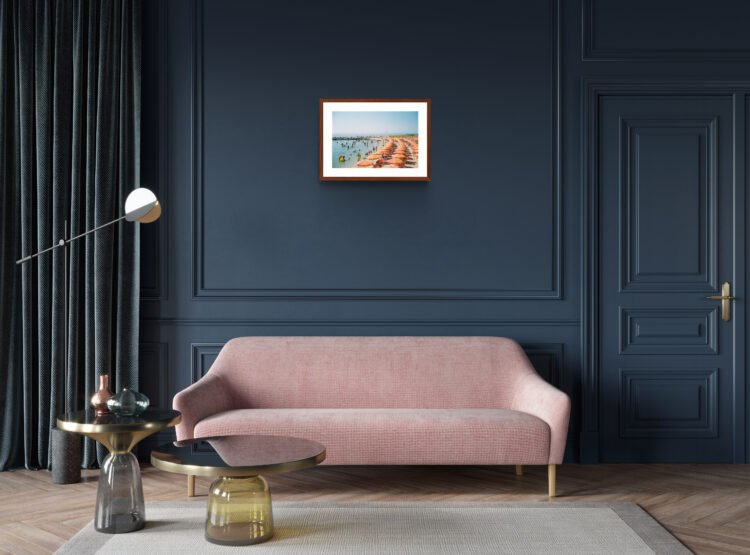 San Remo Beach Italy - Orange Sun Umbrellas, Giclée Print, Eco-Friendly Wall Art 24x16 inches