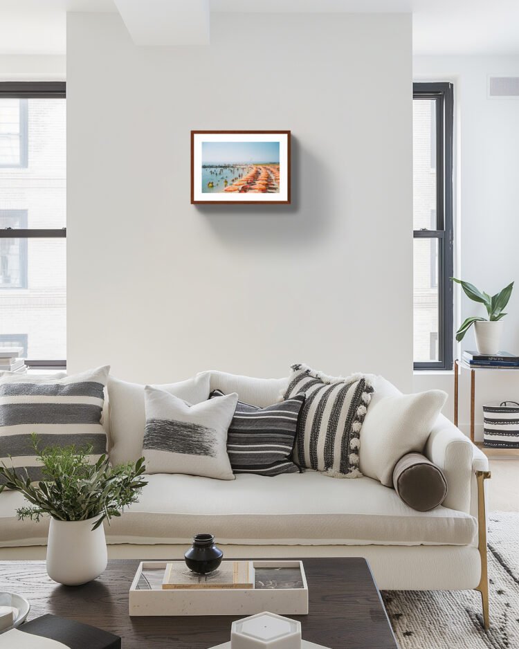 San Remo Beach Italy - Orange Sun Umbrellas, Giclée Print, Eco-Friendly Wall Art 18x12 inches