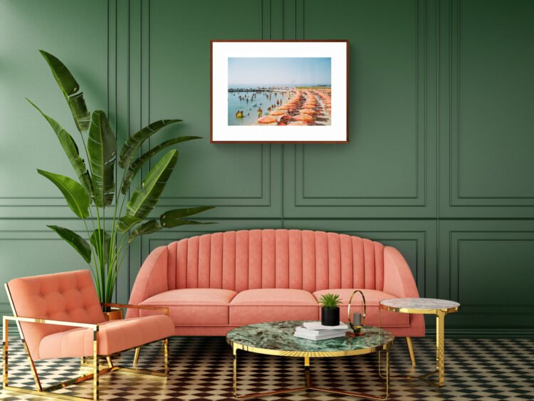 San Remo Beach Italy - Orange Sun Umbrellas, Giclée Print, Eco-Friendly Wall Art 30x20 inches