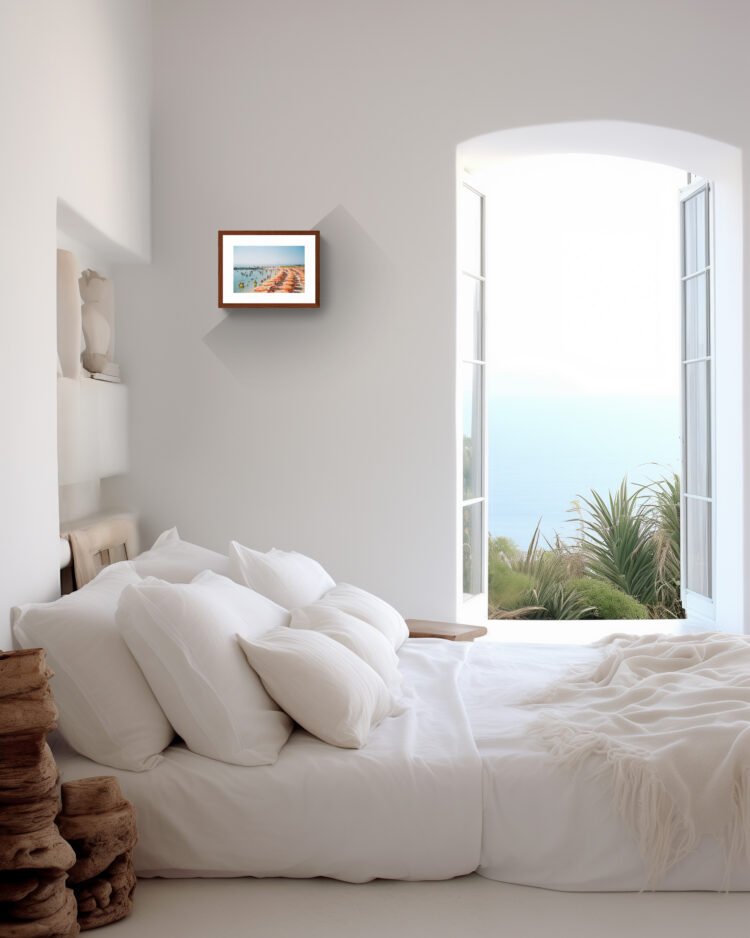 San Remo Beach Italy - Orange Sun Umbrellas, Giclée Print, Eco-Friendly Wall Art 12x8 inches