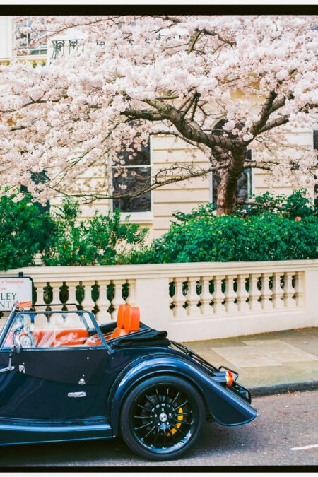 London Wall Art, Springtime Art Print with Classic Car, Cherry Blossom Photograph art print