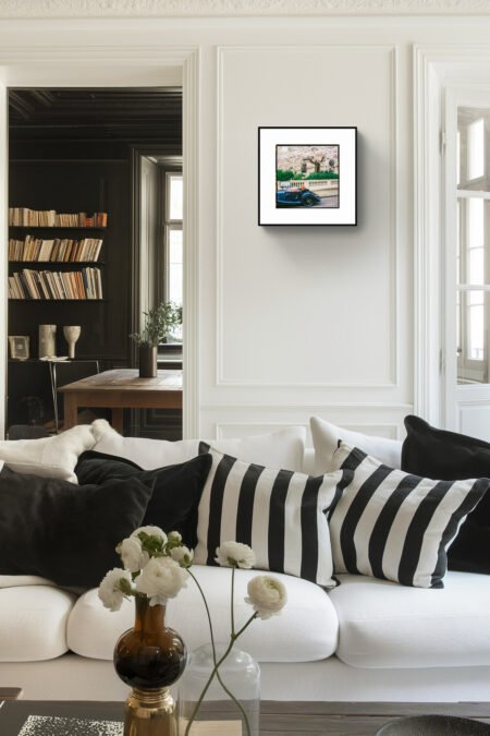 London Wall Art, Springtime Art Print with Classic Car, Cherry Blossom Photograph 12x12 inches print