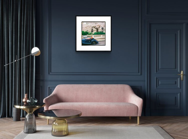 London Wall Art, Springtime Art Print with Classic Car, Cherry Blossom Photograph 20x20 inches print