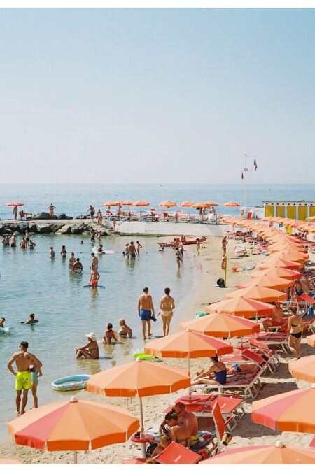 San Remo Beach Italy - Orange Sun Umbrellas, Giclée Print, Eco-Friendly Wall Art