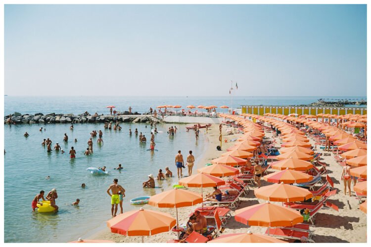 San Remo Beach Italy - Orange Sun Umbrellas, Giclée Print, Eco-Friendly Wall Art